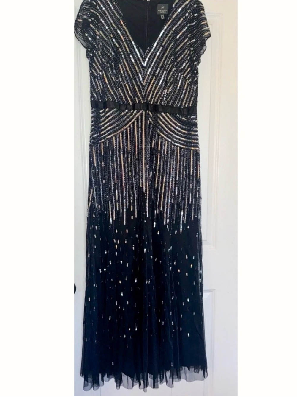 Adrianna Papell Gunmetal / Black Beaded V-Sparkling Sequin v Neck Evening Sz 16 - Picture 6 of 11